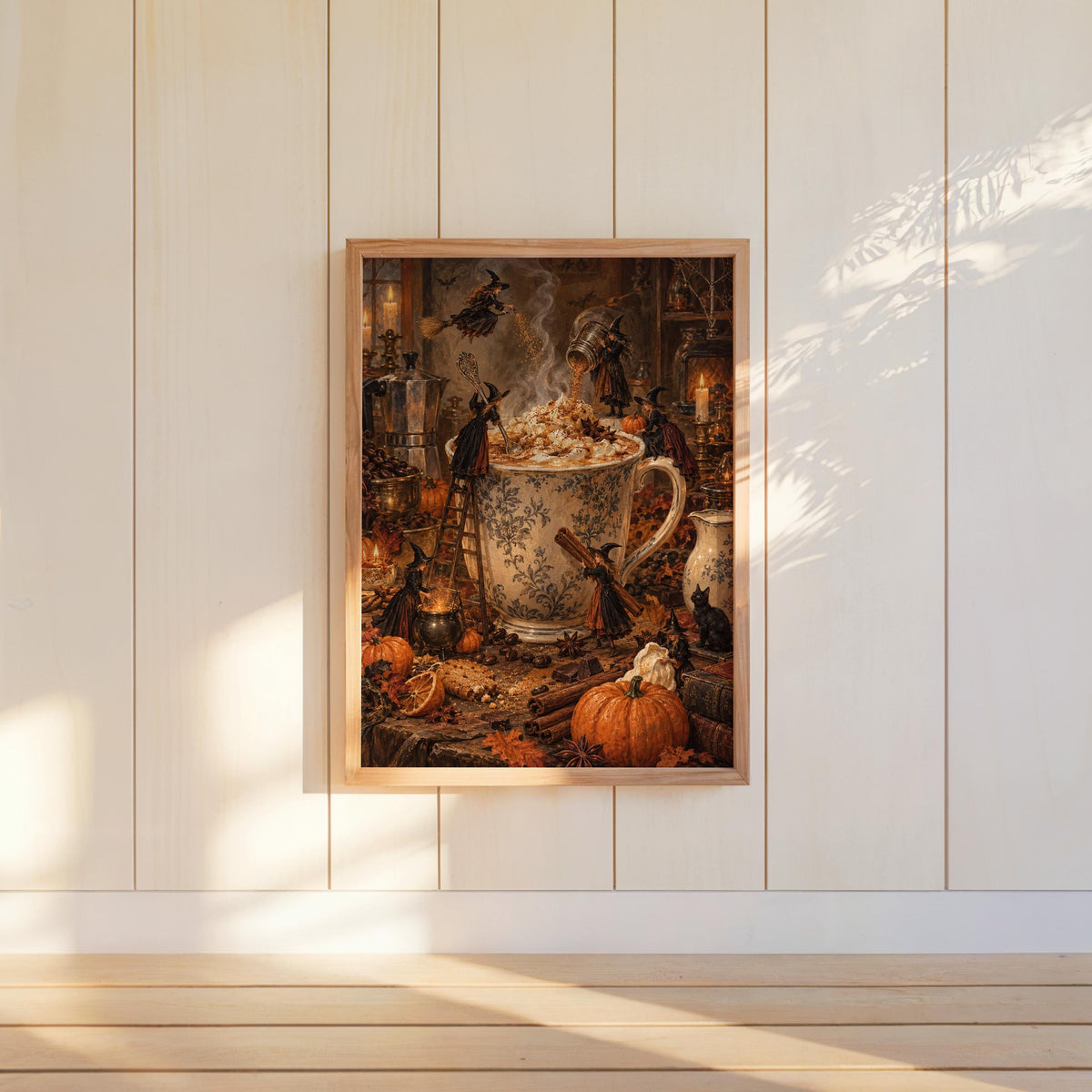 Halloween Witch Coffee Wall Art, Witches Making Pumpkin Spice Latte, Vintage Autumn Kitchen Print, Spooky Harvest Decor