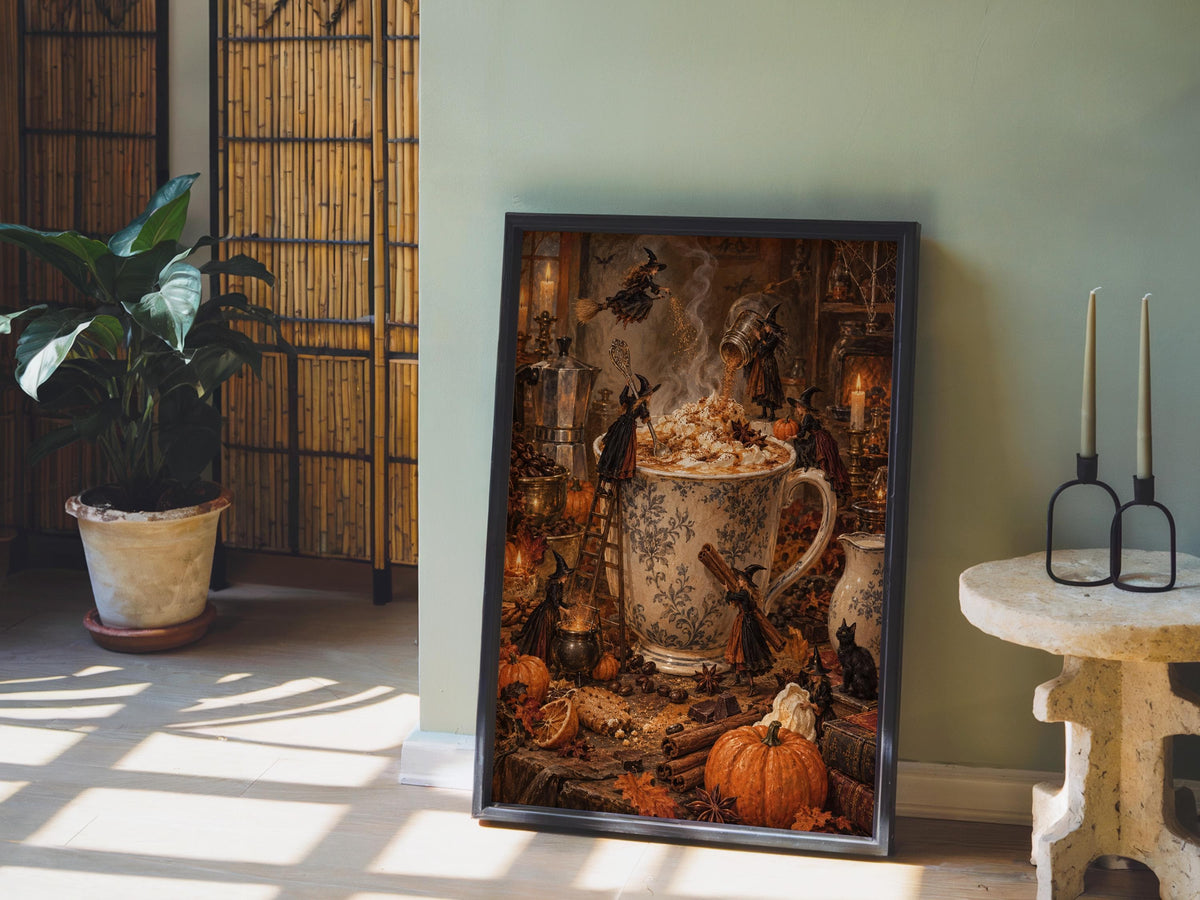 Halloween Witch Coffee Wall Art, Witches Making Pumpkin Spice Latte, Vintage Autumn Kitchen Print, Spooky Harvest Decor