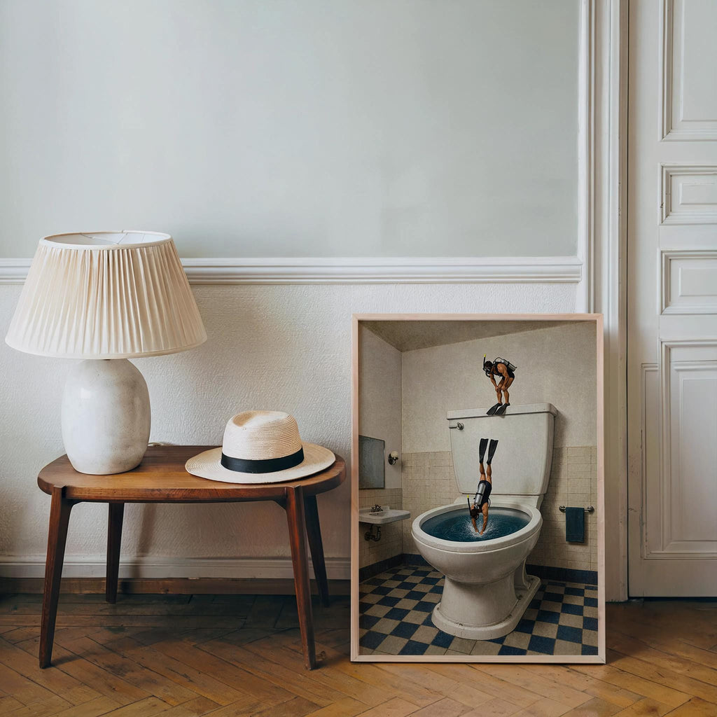 Scuba Divers Toilet Print, Funny Bathroom Wall Art, Tiny Underwater Swimmers Poster, Surreal Restroom Decor, Diver Gift