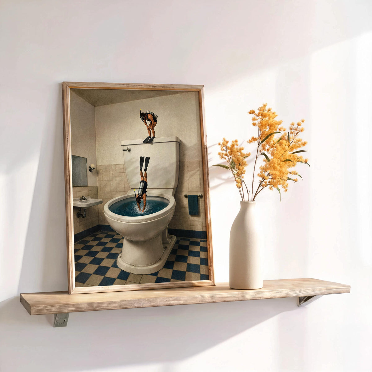 Scuba Divers Toilet Print, Funny Bathroom Wall Art, Tiny Underwater Swimmers Poster, Surreal Restroom Decor, Diver Gift