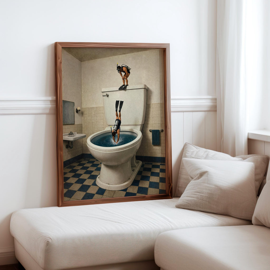 Scuba Divers Toilet Print, Funny Bathroom Wall Art, Tiny Underwater Swimmers Poster, Surreal Restroom Decor, Diver Gift