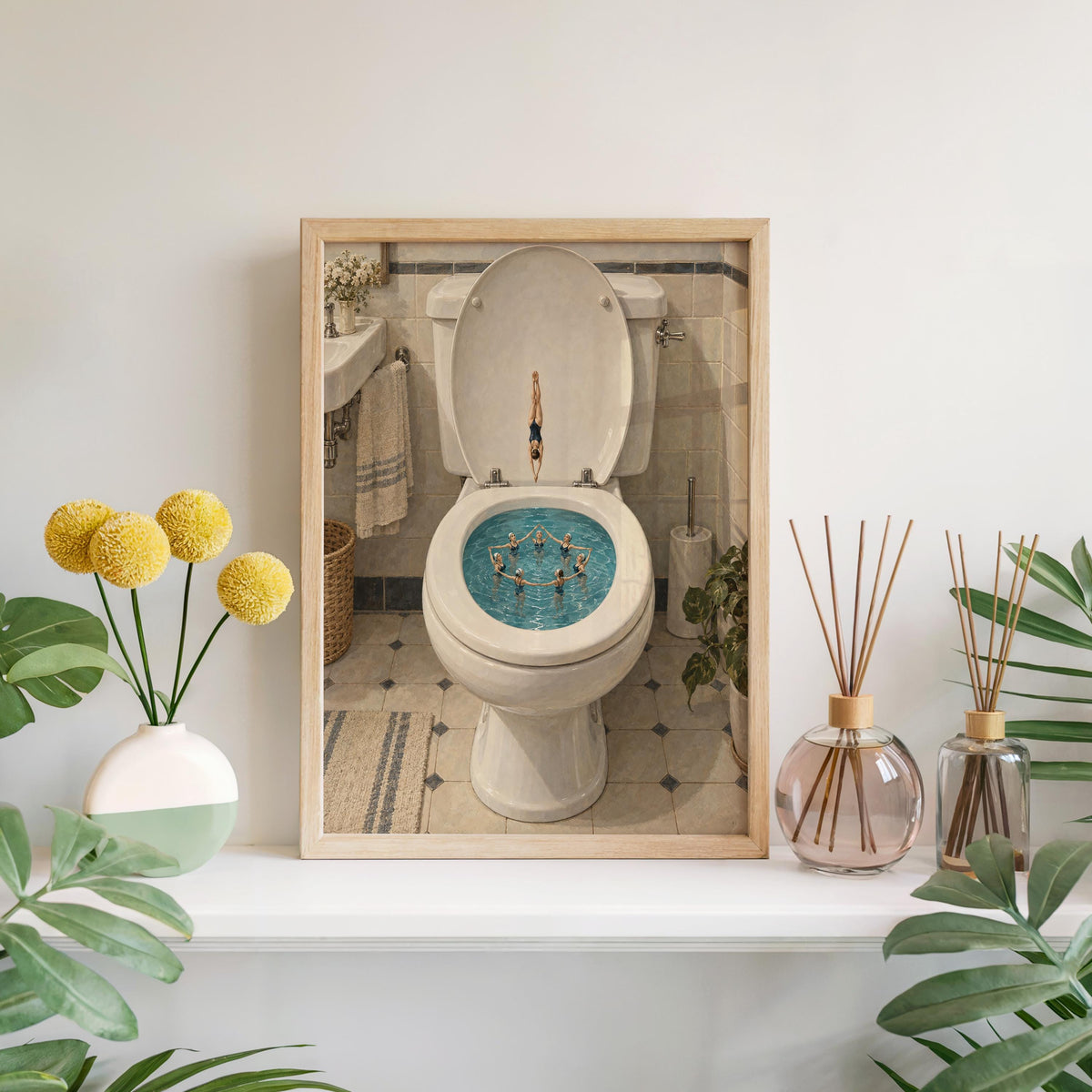 Synchronized Swimmers Toilet Print, Funny Bathroom Wall Art, Vintage Swimming Pool Illustration, Quirky Restroom Decor, Diving Poster