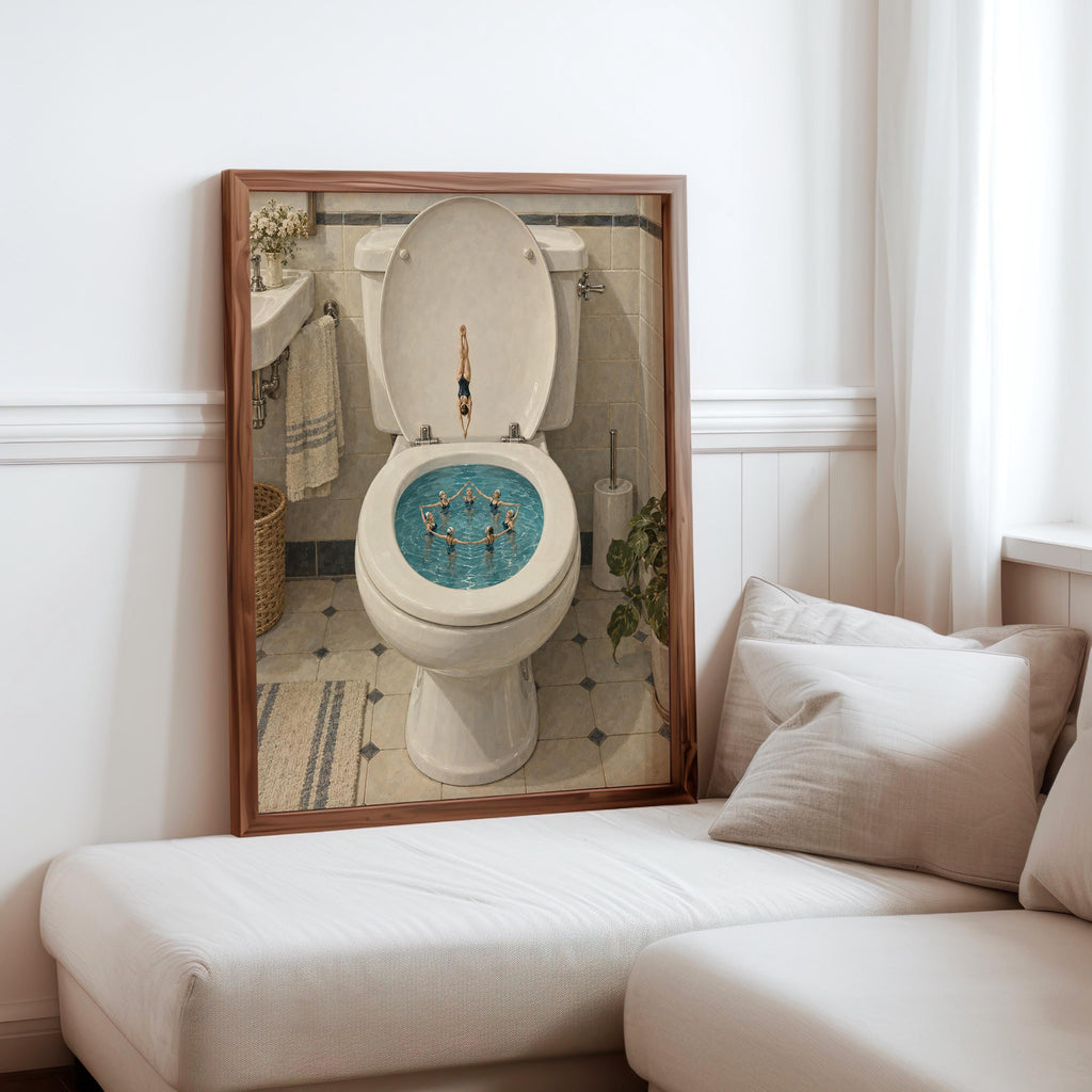 Synchronized Swimmers Toilet Print, Funny Bathroom Wall Art, Vintage Swimming Pool Illustration, Quirky Restroom Decor, Diving Poster