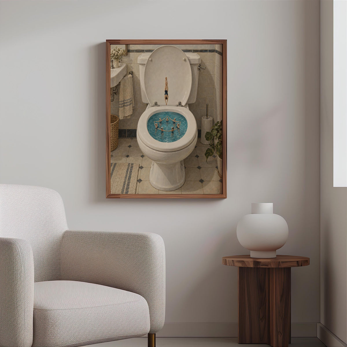 Synchronized Swimmers Toilet Print, Funny Bathroom Wall Art, Vintage Swimming Pool Illustration, Quirky Restroom Decor, Diving Poster