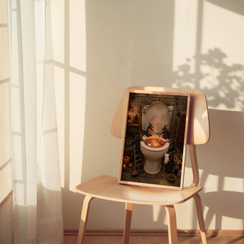 Small spooky toilet wall art displayed on a wooden chair under warm lamp glow, funny Halloween bathroom art.