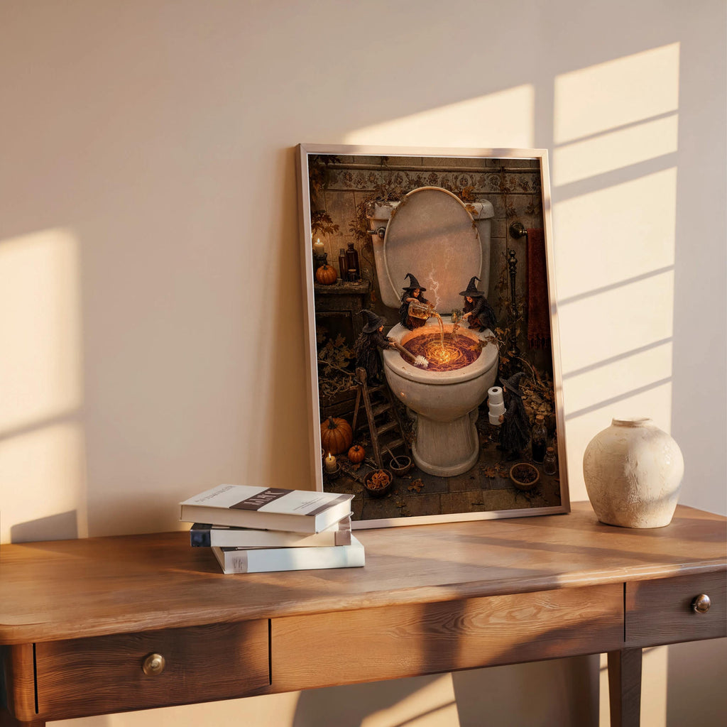 Propped spooky toilet wall art on a sunlit desk, minimal ceramics and books, gothic bathroom print appeal.