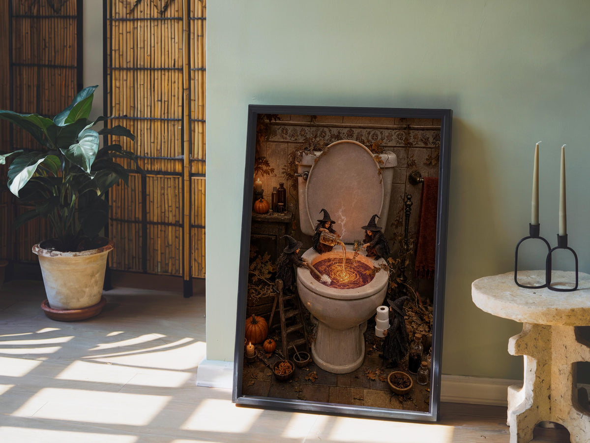Spooky toilet wall art propped near a potted plant, warm sunlight, funny Halloween bathroom art vibe.