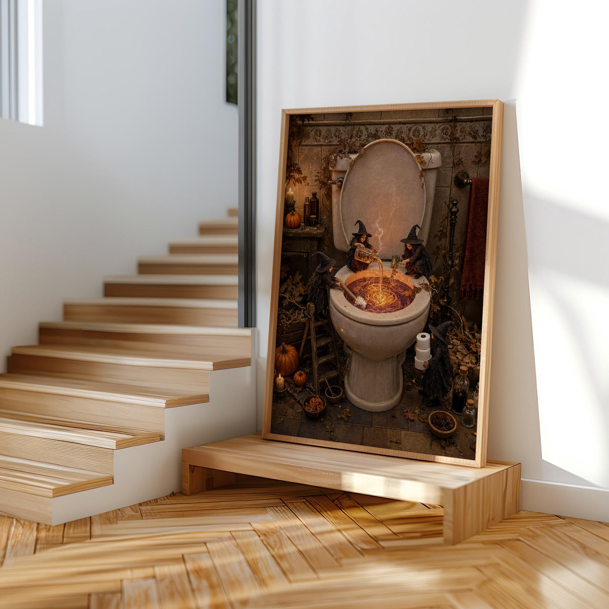 Framed spooky toilet wall art staged on wooden stairs, natural light on steps, Halloween toilet print for quirky homes.