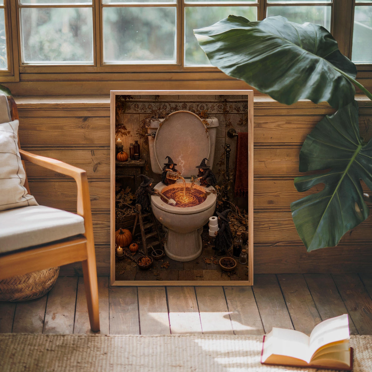 Spooky toilet wall art set beside a wooden chair and large philodendron, gothic bathroom print styling.
