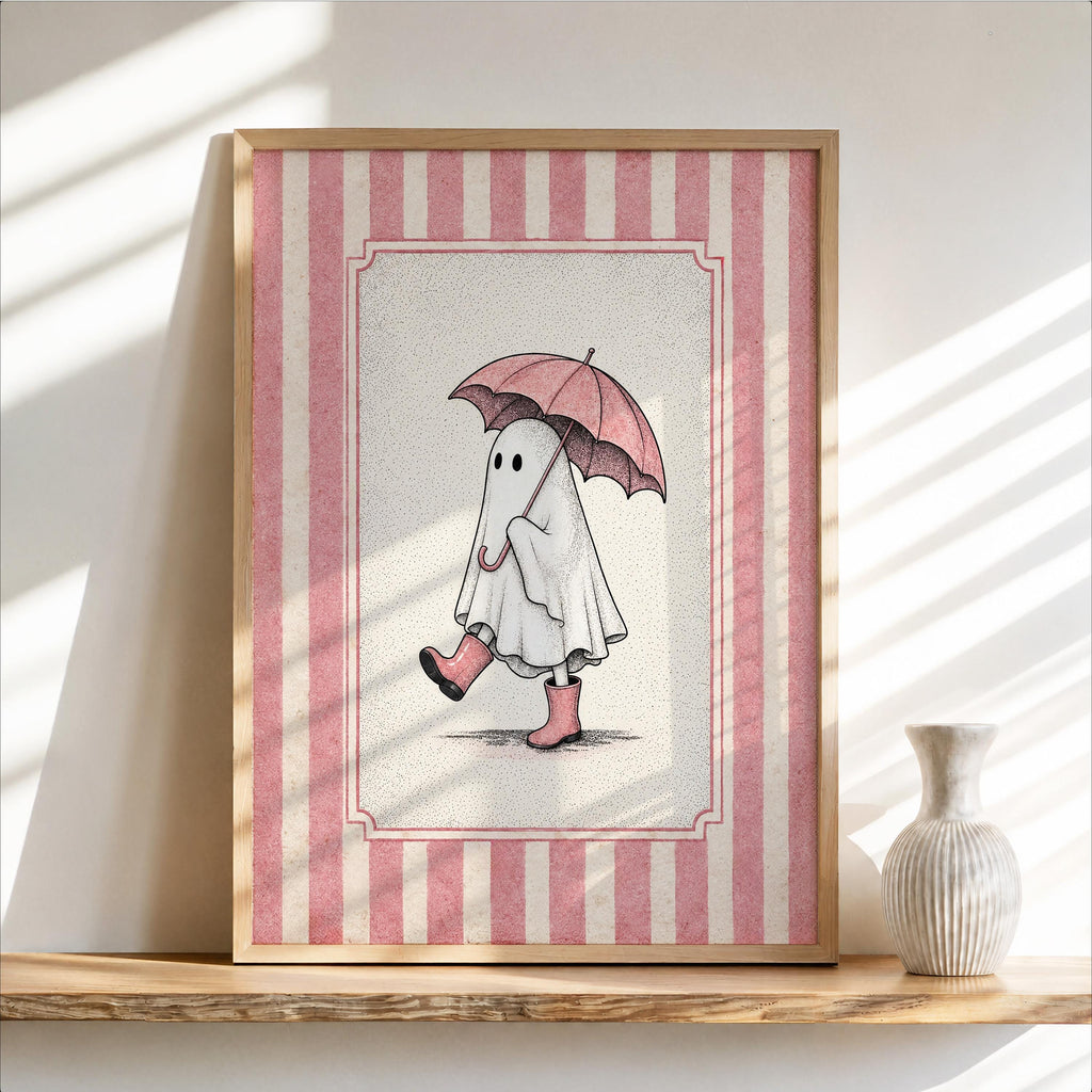 Ghost with Umbrella Print, Cute Halloween Wall Art, Pink Blue Green Ghost Bathroom Decor, Vintage Autumn Illustration, Spooky Fall Poster