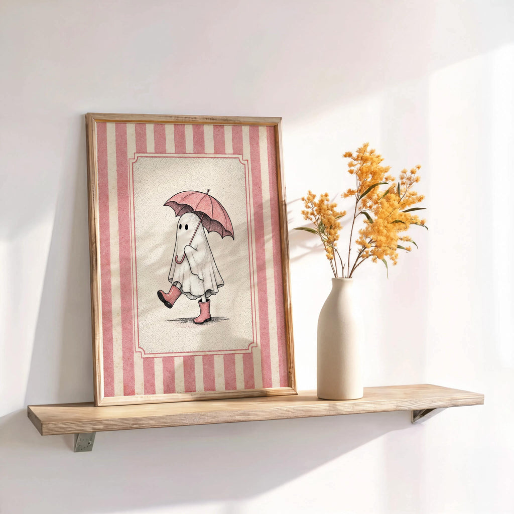 Ghost with Umbrella Print, Cute Halloween Wall Art, Pink Blue Green Ghost Bathroom Decor, Vintage Autumn Illustration, Spooky Fall Poster