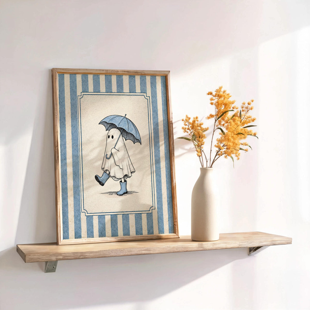 Ghost with Umbrella Print, Cute Halloween Wall Art, Pink Blue Green Ghost Bathroom Decor, Vintage Autumn Illustration, Spooky Fall Poster