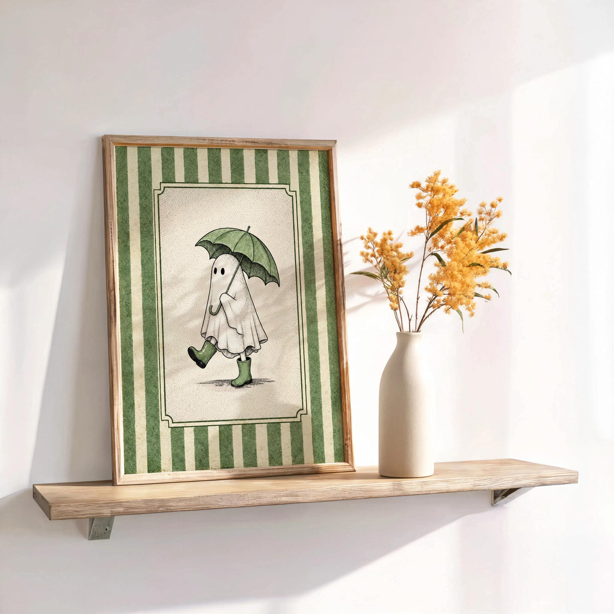 Ghost with Umbrella Print, Cute Halloween Wall Art, Pink Blue Green Ghost Bathroom Decor, Vintage Autumn Illustration, Spooky Fall Poster