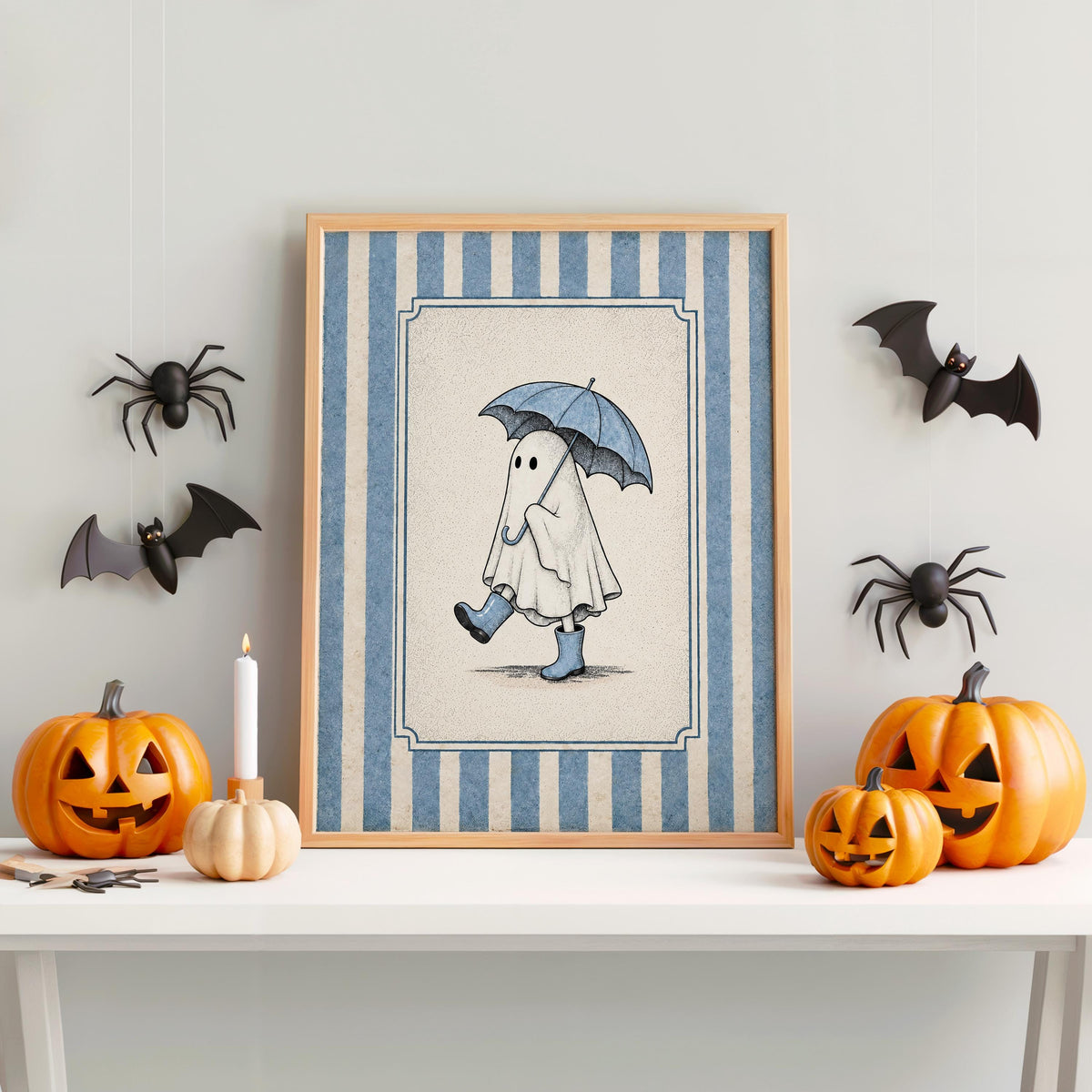 Ghost with Umbrella Print, Cute Halloween Wall Art, Pink Blue Green Ghost Bathroom Decor, Vintage Autumn Illustration, Spooky Fall Poster