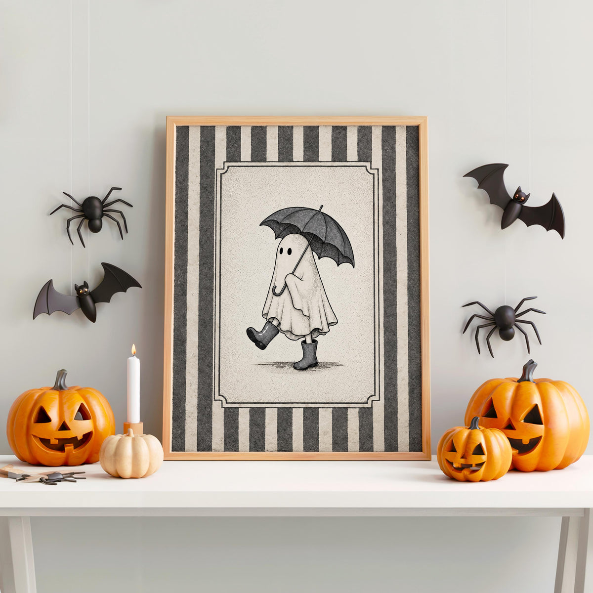 Ghost with Umbrella Print, Cute Halloween Wall Art, Pink Blue Green Ghost Bathroom Decor, Vintage Autumn Illustration, Spooky Fall Poster