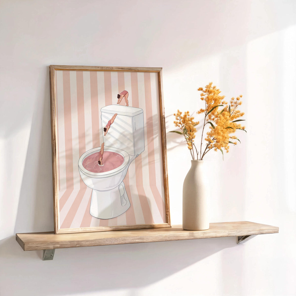 Funny Toilet Divers Print, Humorous Bathroom Wall Art, Girly Diving Toilet Poster, Minimalist Quirky Decor, Pool Striped Retro Home Gift