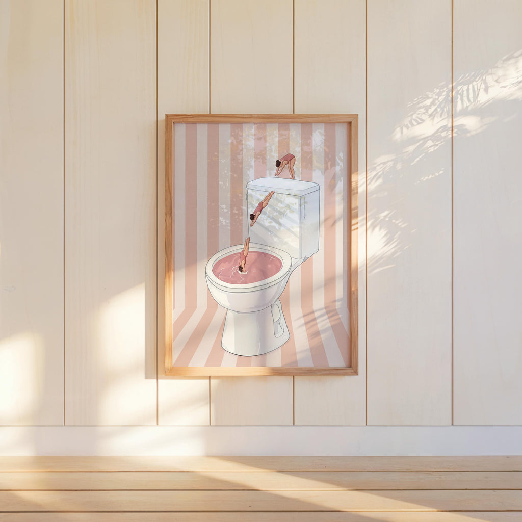 Funny Toilet Divers Print, Humorous Bathroom Wall Art, Girly Diving Toilet Poster, Minimalist Quirky Decor, Pool Striped Retro Home Gift