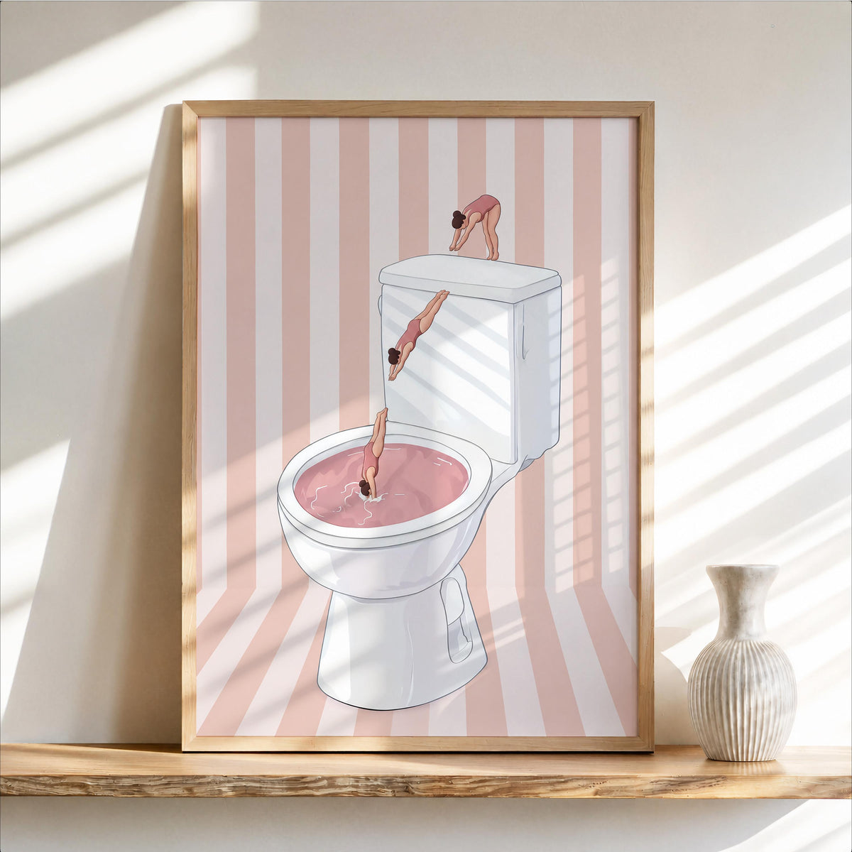 Funny Toilet Divers Print, Humorous Bathroom Wall Art, Girly Diving Toilet Poster, Minimalist Quirky Decor, Pool Striped Retro Home Gift