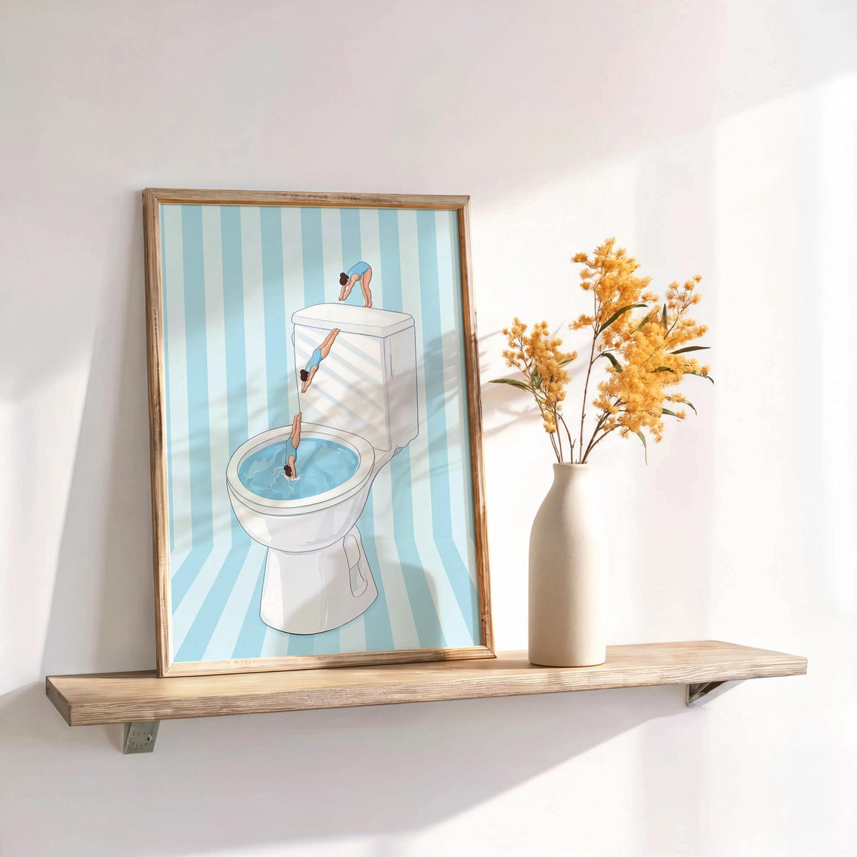 Funny Toilet Divers Print, Humorous Bathroom Wall Art, Girly Diving Toilet Poster, Minimalist Quirky Decor, Pool Striped Retro Home Gift