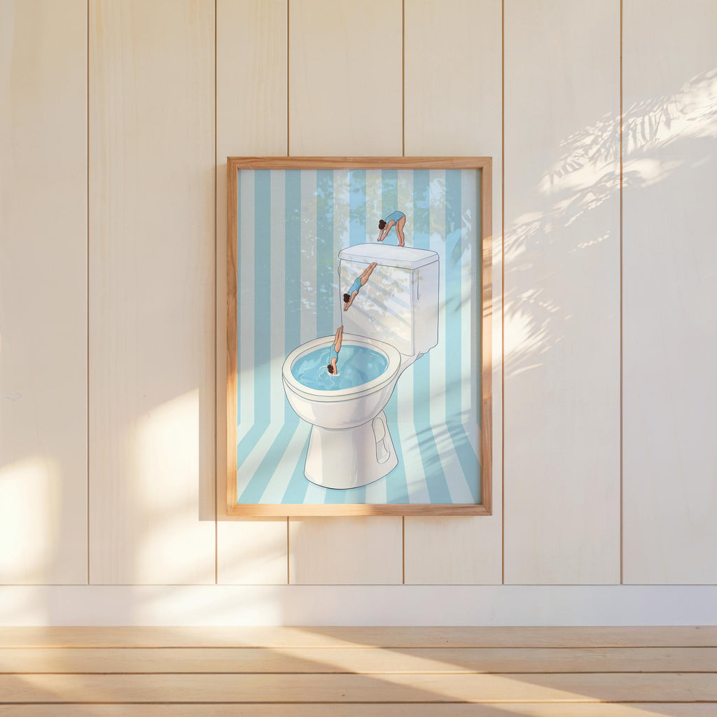 Funny Toilet Divers Print, Humorous Bathroom Wall Art, Girly Diving Toilet Poster, Minimalist Quirky Decor, Pool Striped Retro Home Gift