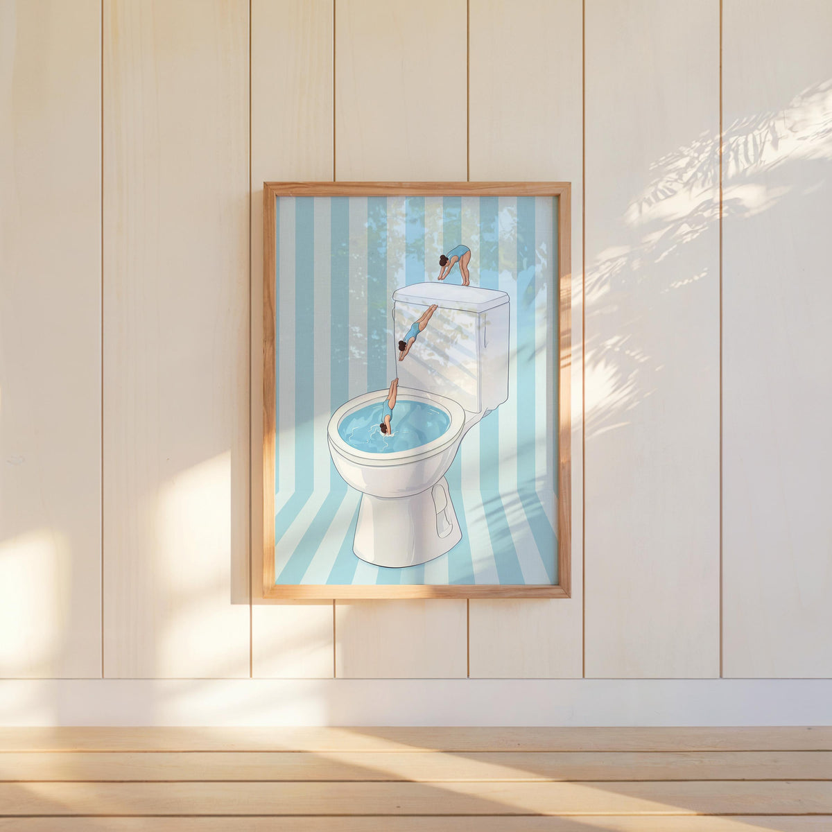 Funny Toilet Divers Print, Humorous Bathroom Wall Art, Girly Diving Toilet Poster, Minimalist Quirky Decor, Pool Striped Retro Home Gift