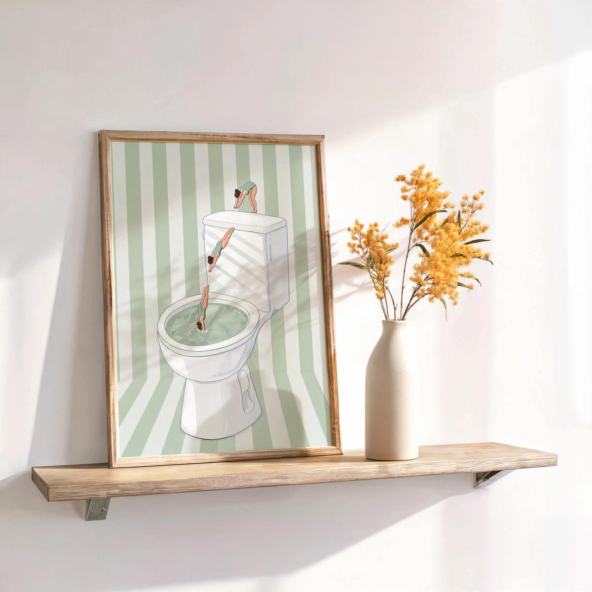 Funny Toilet Divers Print, Humorous Bathroom Wall Art, Girly Diving Toilet Poster, Minimalist Quirky Decor, Pool Striped Retro Home Gift