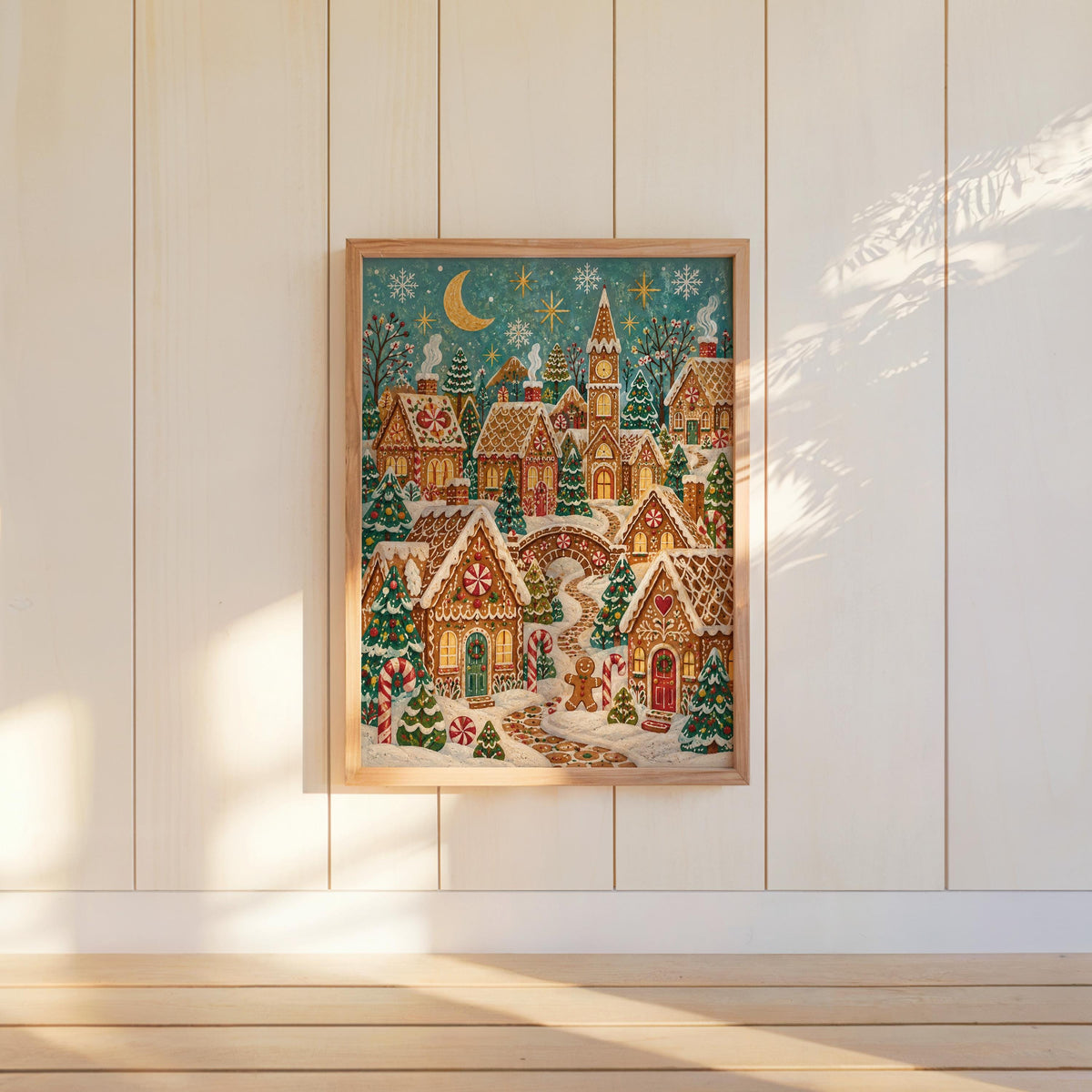 Gingerbread Christmas Village Print, Coastal Holiday Wall Art, Vintage Winter Seaside Poster, Whimsical Xmas Decor, Cute Folk Art Poster