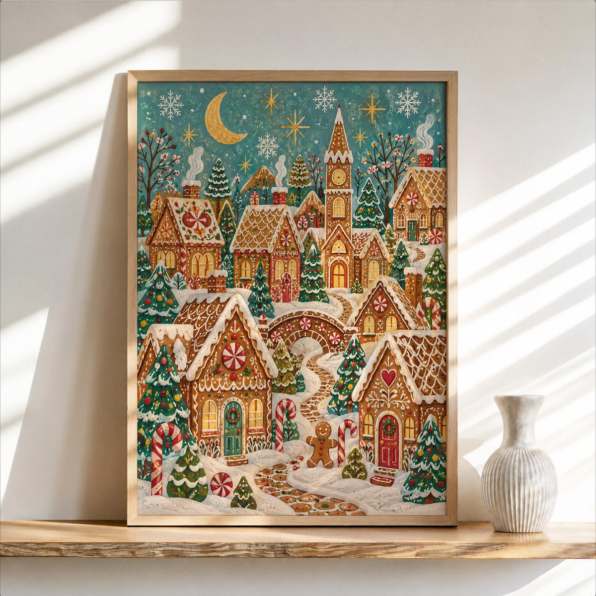 Gingerbread Christmas Village Print, Coastal Holiday Wall Art, Vintage Winter Seaside Poster, Whimsical Xmas Decor, Cute Folk Art Poster
