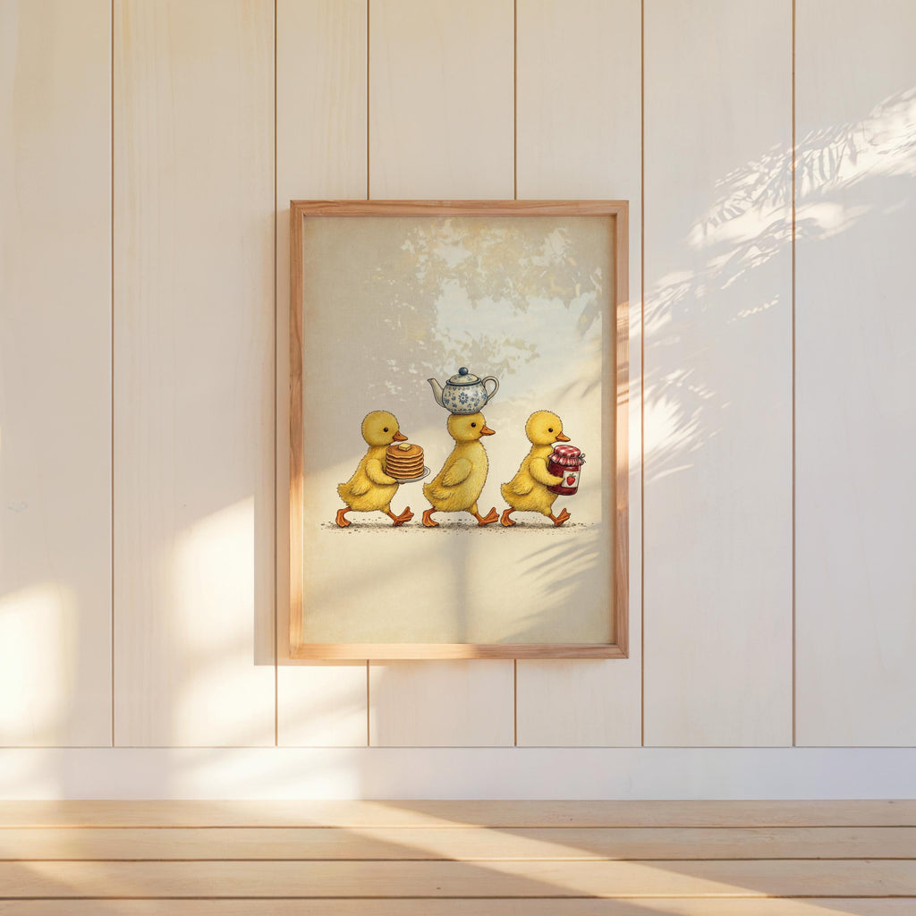 Duckling Breakfast Print, Vintage Kitchen Wall Art, Cute Duck Illustration, Cottage Foodie Decor, Kids Gosling Illustration