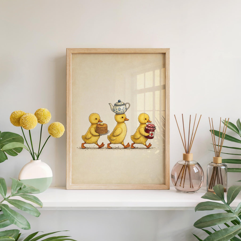 Duckling Breakfast Print, Vintage Kitchen Wall Art, Cute Duck Illustration, Cottage Foodie Decor, Kids Gosling Illustration