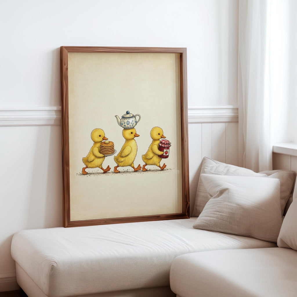Duckling Breakfast Print, Vintage Kitchen Wall Art, Cute Duck Illustration, Cottage Foodie Decor, Kids Gosling Illustration