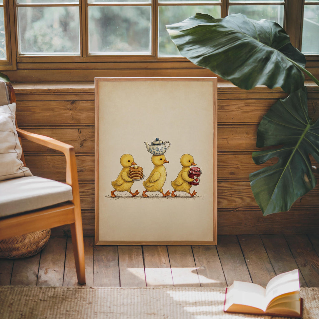 Duckling Breakfast Print, Vintage Kitchen Wall Art, Cute Duck Illustration, Cottage Foodie Decor, Kids Gosling Illustration