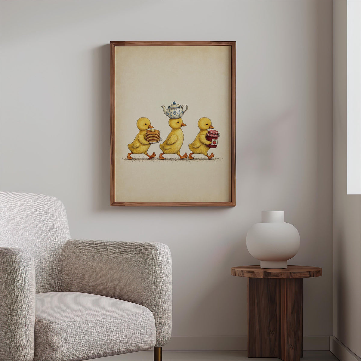 Duckling Breakfast Print, Vintage Kitchen Wall Art, Cute Duck Illustration, Cottage Foodie Decor, Kids Gosling Illustration