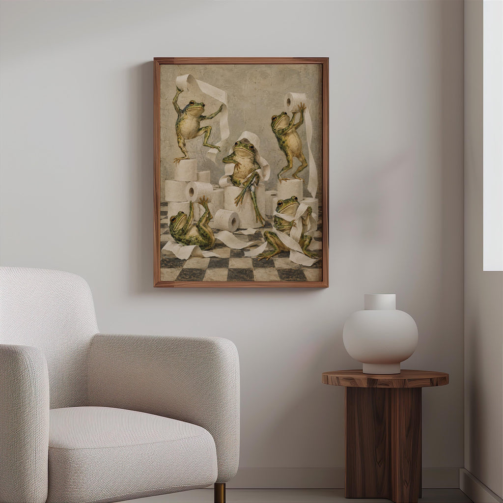 Frog Bathroom Print, Funny Toilet Paper Wall Art, Vintage Frogs Illustration, Quirky Bathroom Decor, Fashion Restroom Loo Sign