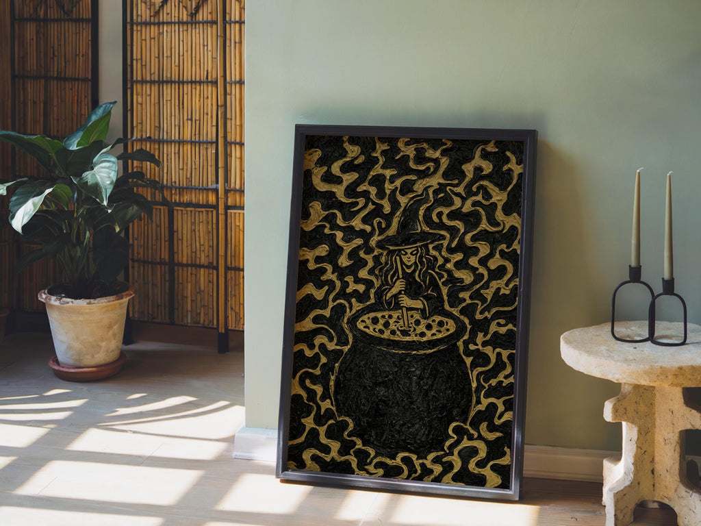 Impasto Witch Cauldron Print, Black Gold Halloween Wall Decor, Textured Witch Poster, Gothic Kitchen Art, Occult Spooky Season Decor