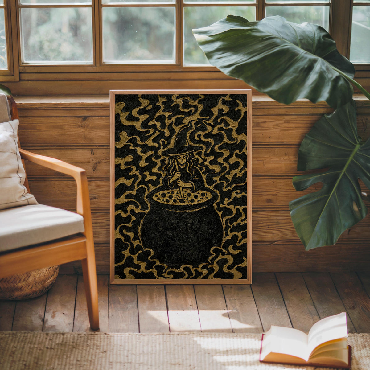 Impasto Witch Cauldron Print, Black Gold Halloween Wall Decor, Textured Witch Poster, Gothic Kitchen Art, Occult Spooky Season Decor
