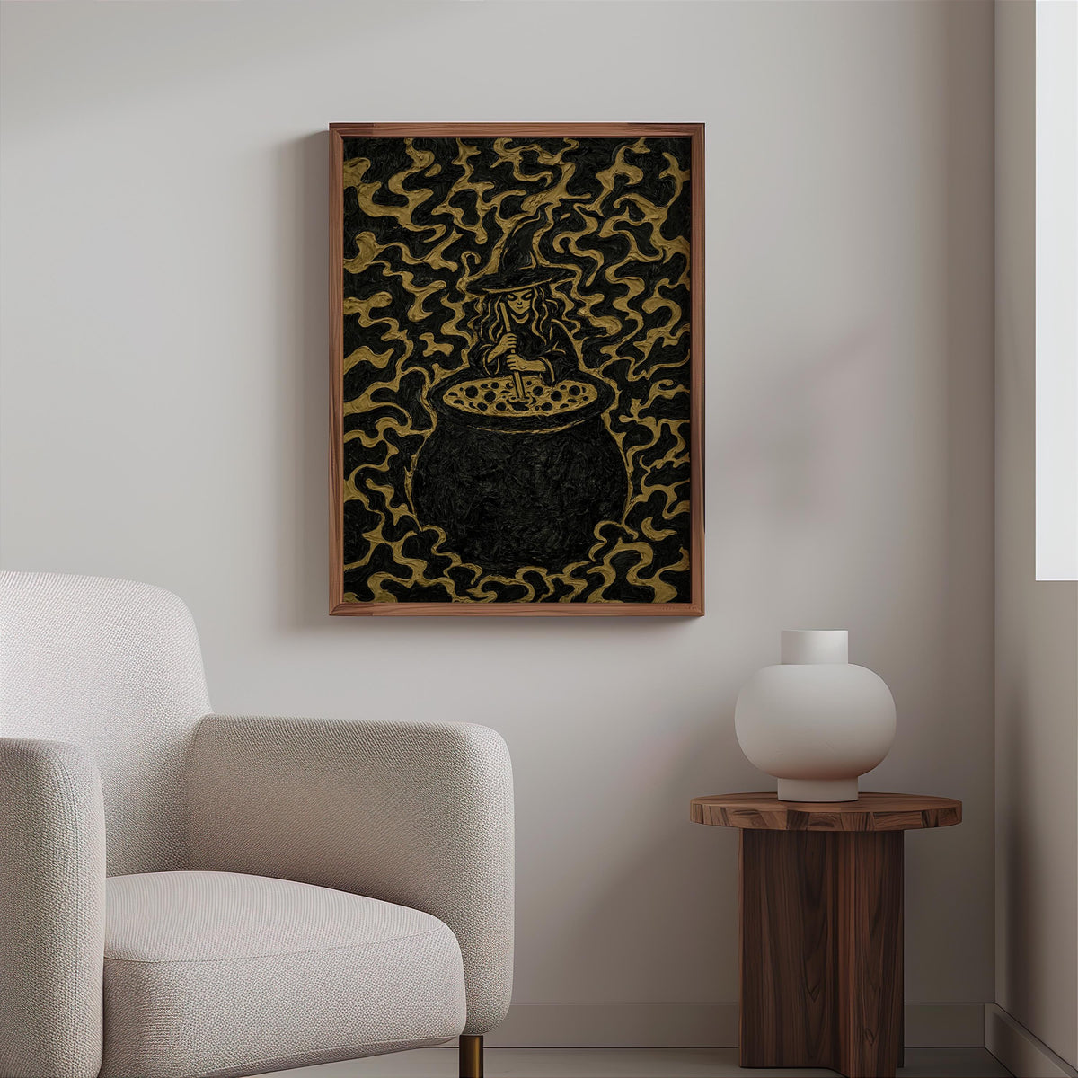 Impasto Witch Cauldron Print, Black Gold Halloween Wall Decor, Textured Witch Poster, Gothic Kitchen Art, Occult Spooky Season Decor