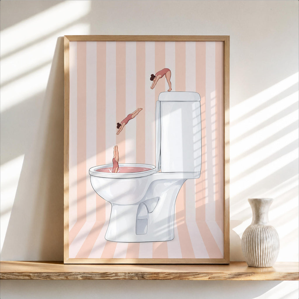 Diving Toilet Print, Funny Bathroom Wall Art, Tiny Swimmers Poster, Quirky Pool Decor, Preppy Pastel Gift for Divers