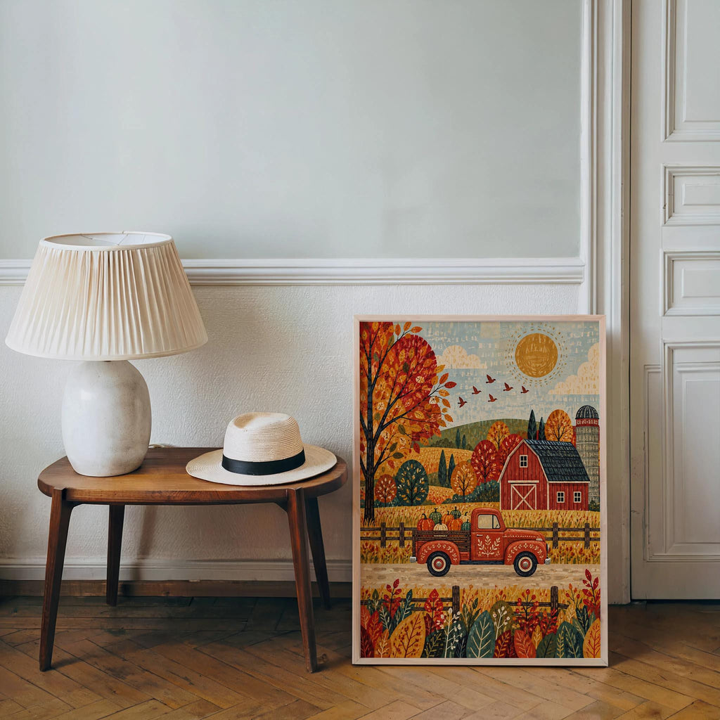 Fall Farm Truck Wall Print, Red Pickup Poster, Autumn Barn Decor, Rustic Country Landscape, Harvest Season Home Gift