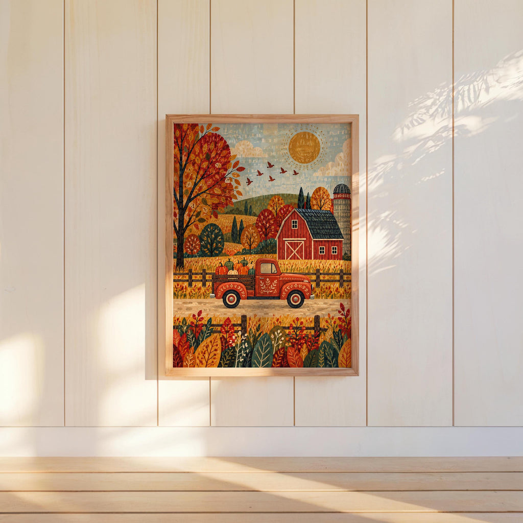 Fall Farm Truck Wall Print, Red Pickup Poster, Autumn Barn Decor, Rustic Country Landscape, Harvest Season Home Gift