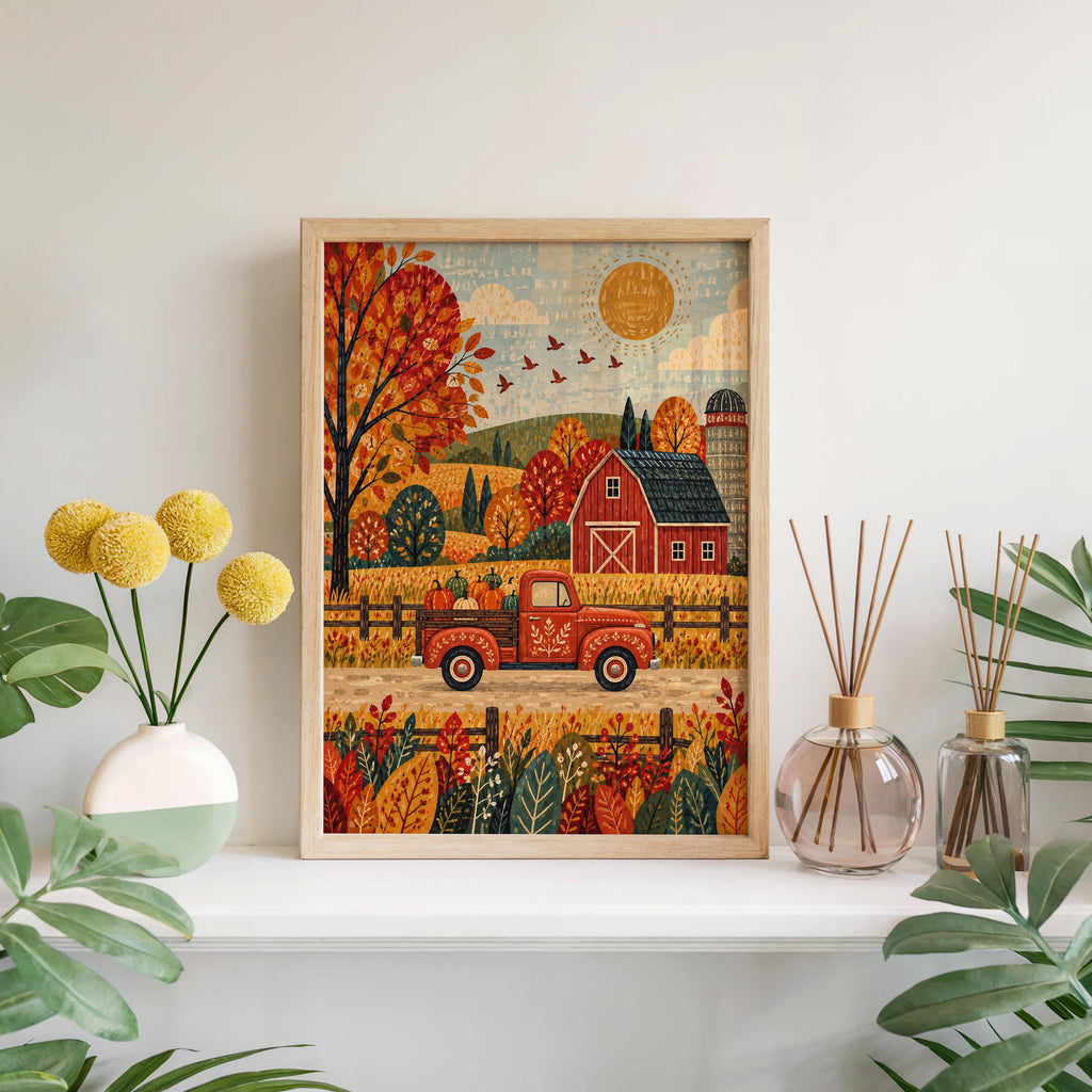 Fall Farm Truck Wall Print, Red Pickup Poster, Autumn Barn Decor, Rustic Country Landscape, Harvest Season Home Gift