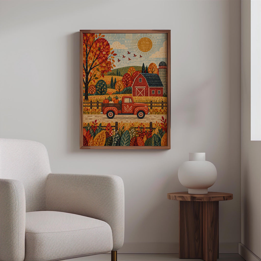 Fall Farm Truck Wall Print, Red Pickup Poster, Autumn Barn Decor, Rustic Country Landscape, Harvest Season Home Gift