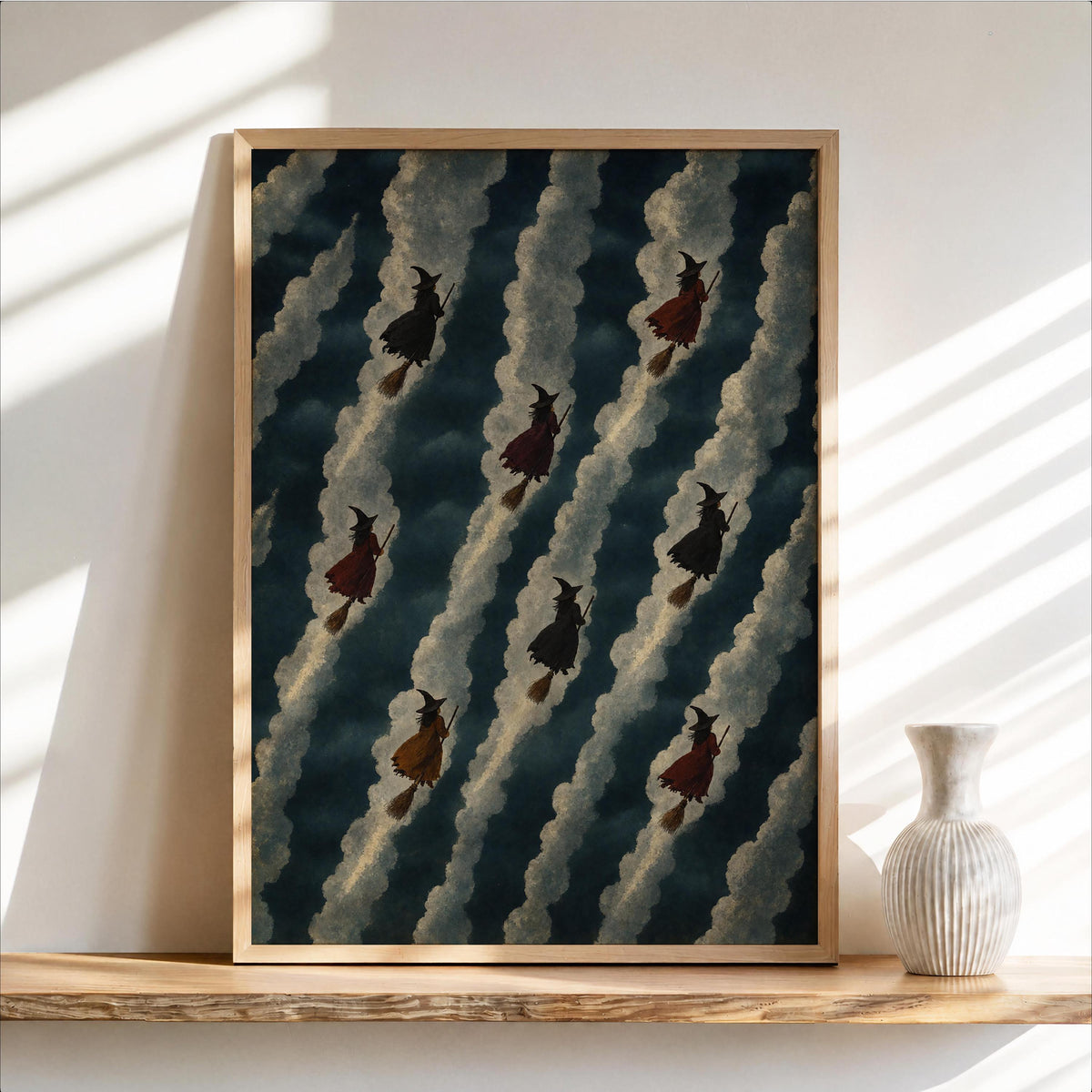 Flying Witches Retro Stripes Print, Vintage Halloween Wall Decor, Broomstick Poster, Funny Witchy Room Art, Moody Autumn Home Accent