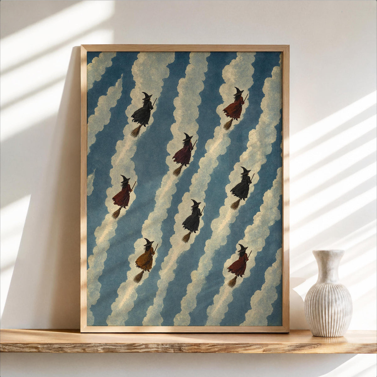 Flying Witches Retro Stripes Print, Vintage Halloween Wall Decor, Broomstick Poster, Funny Witchy Room Art, Moody Autumn Home Accent