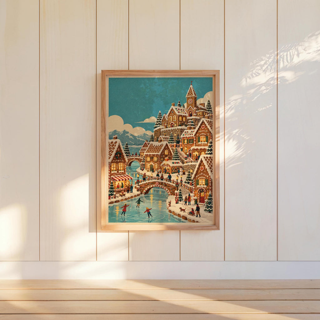 Gingerbread Christmas Village Print, Vintage Xmas Wall Art, Cozy Holiday Town Poster, Whimsical Winter Home Decor