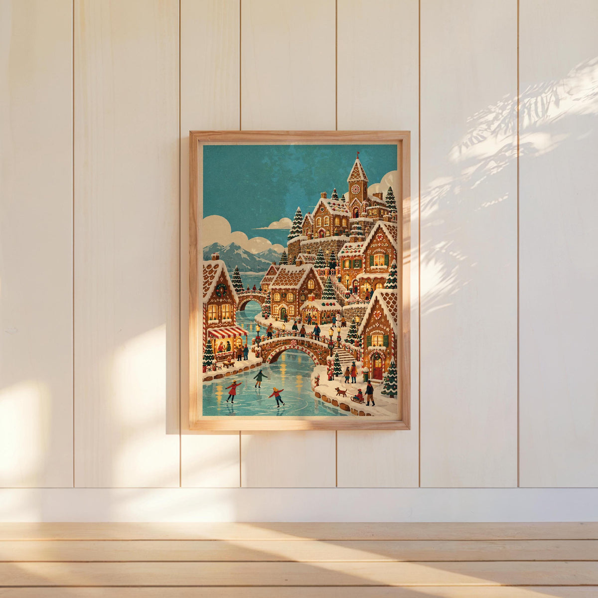 Gingerbread Christmas Village Print, Vintage Xmas Wall Art, Cozy Holiday Town Poster, Whimsical Winter Home Decor