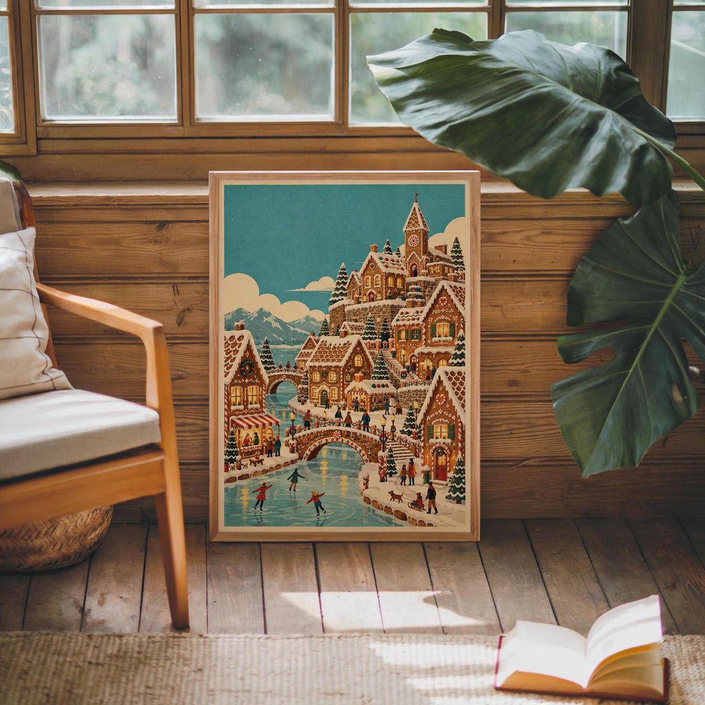 Gingerbread Christmas Village Print, Vintage Xmas Wall Art, Cozy Holiday Town Poster, Whimsical Winter Home Decor