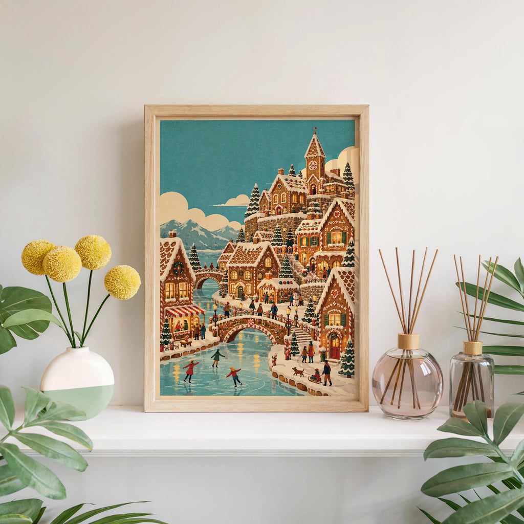 Gingerbread Christmas Village Print, Vintage Xmas Wall Art, Cozy Holiday Town Poster, Whimsical Winter Home Decor