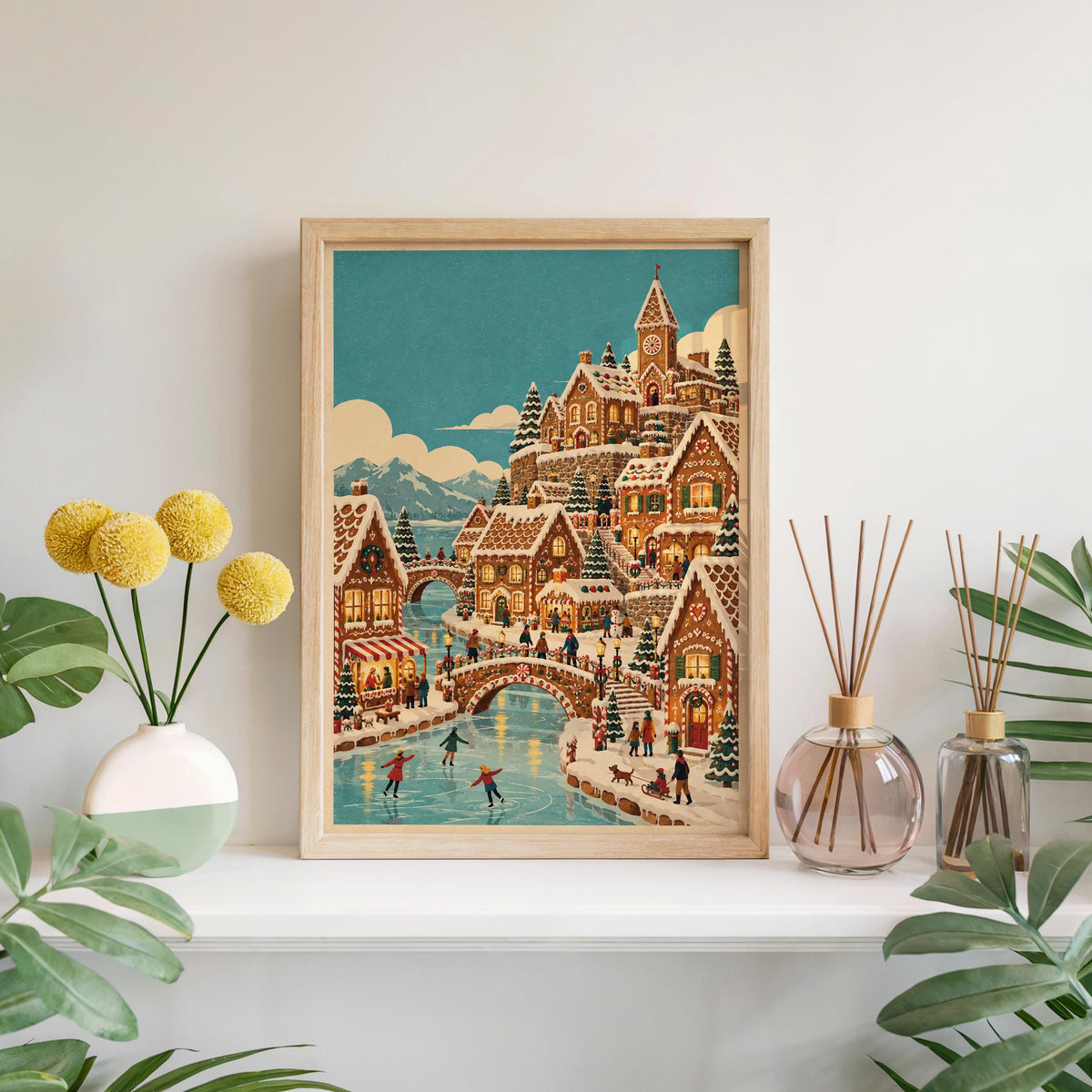 Gingerbread Christmas Village Print, Vintage Xmas Wall Art, Cozy Holiday Town Poster, Whimsical Winter Home Decor