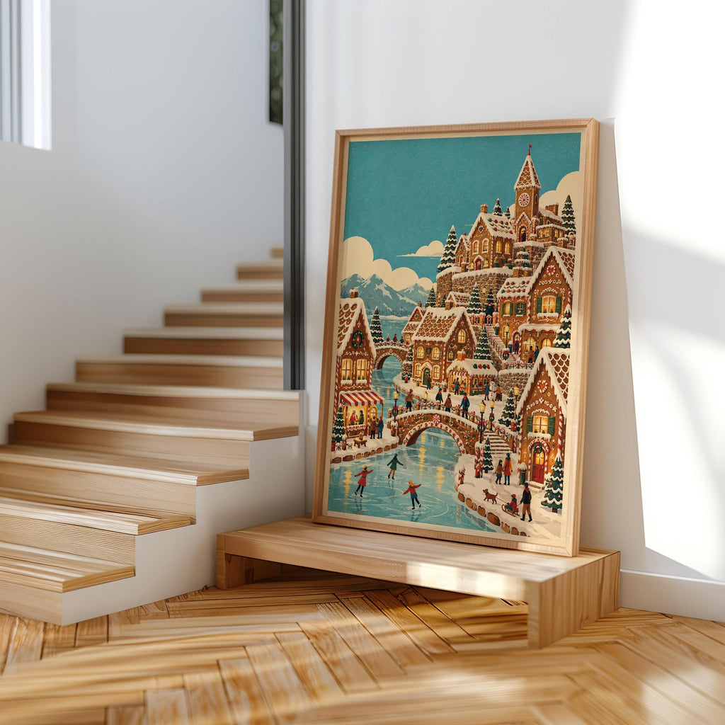 Gingerbread Christmas Village Print, Vintage Xmas Wall Art, Cozy Holiday Town Poster, Whimsical Winter Home Decor